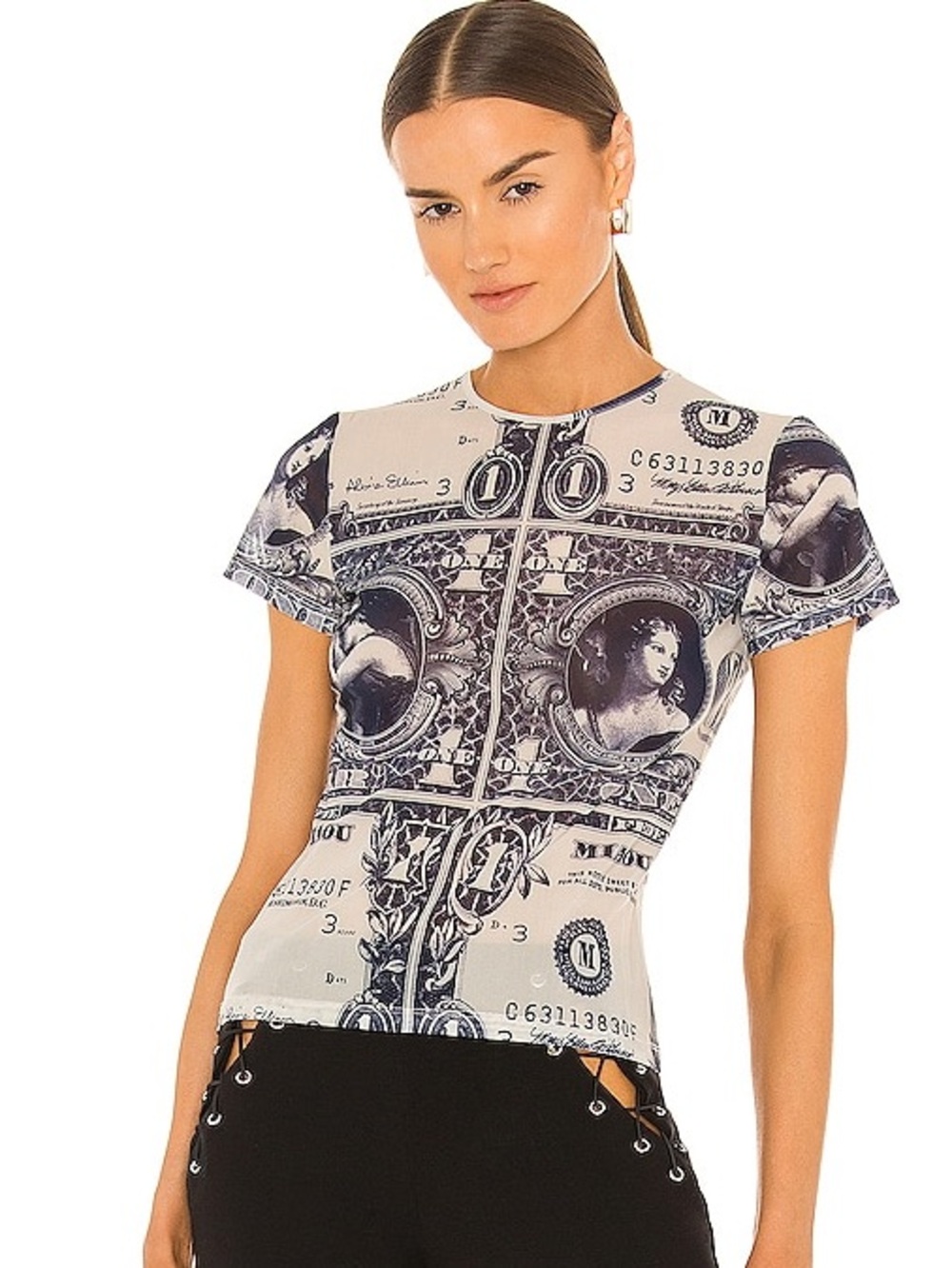 Miaou Beige and Black Dollar Print Short Sleeve Mesh Tee